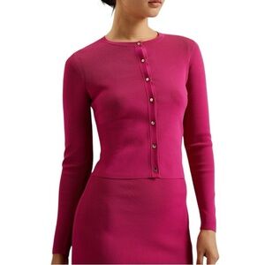 Ted Baker London Brylle Magenta Knit Gold Logo Button Cropped Cardigan - 8